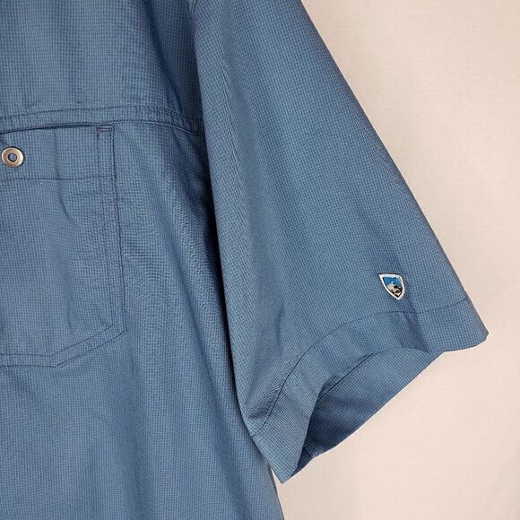 KUHL Men's L Blue Mountain Grown Short Sleeve Snap Up Shirt  Fishing Logo - Picture 4 of 9